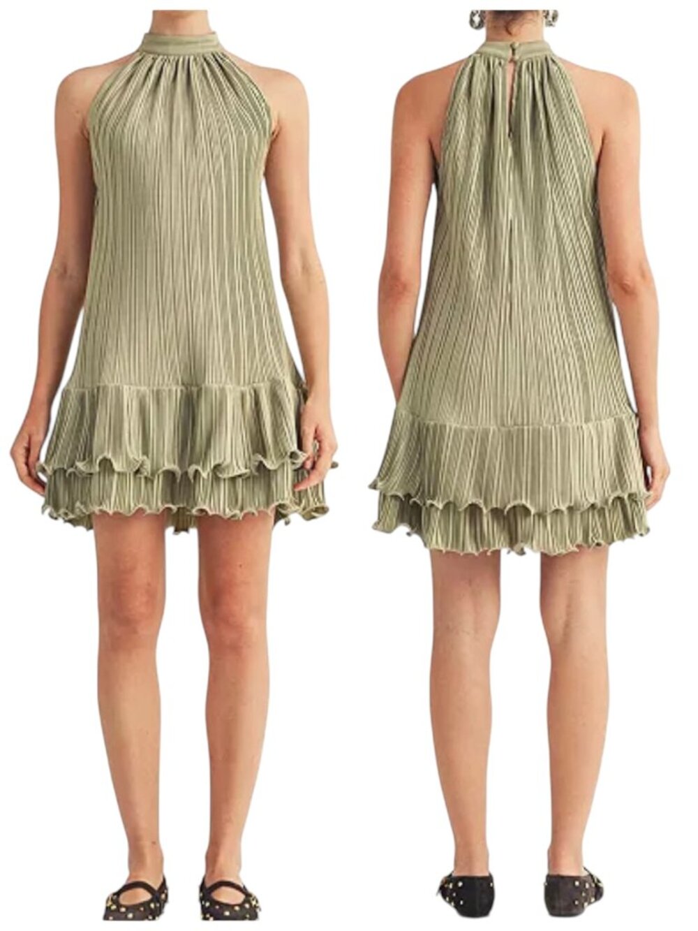 Arose Studio Celestine Pleated Halter Ruffle Mini Dress Sage NWT Small